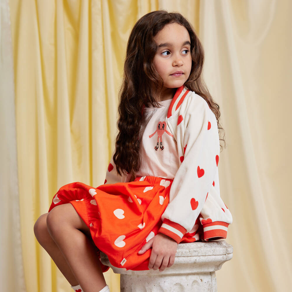 Mini Rodini-Girls Ivory Velour Zip-Up Top with Red Heart Print | Childrensalon Outlet