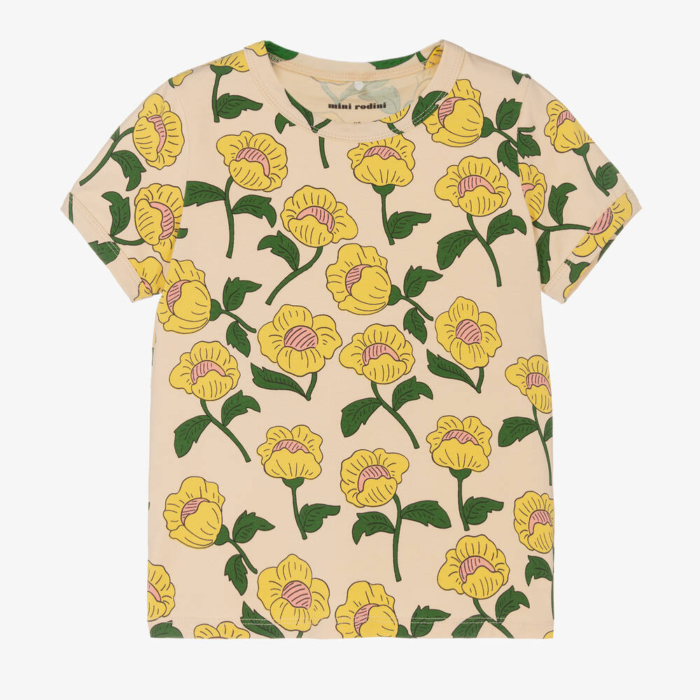 Mini Rodini - Girls Ivory & Yellow Cotton Flowers T-Shirt | Childrensalon