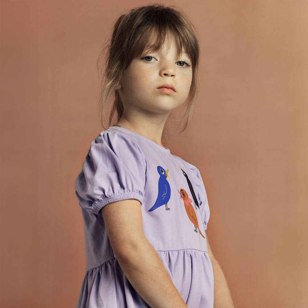 Mini Rodini-Girls Lilac Purple Cotton Dress with Bird Print | Childrensalon Outlet