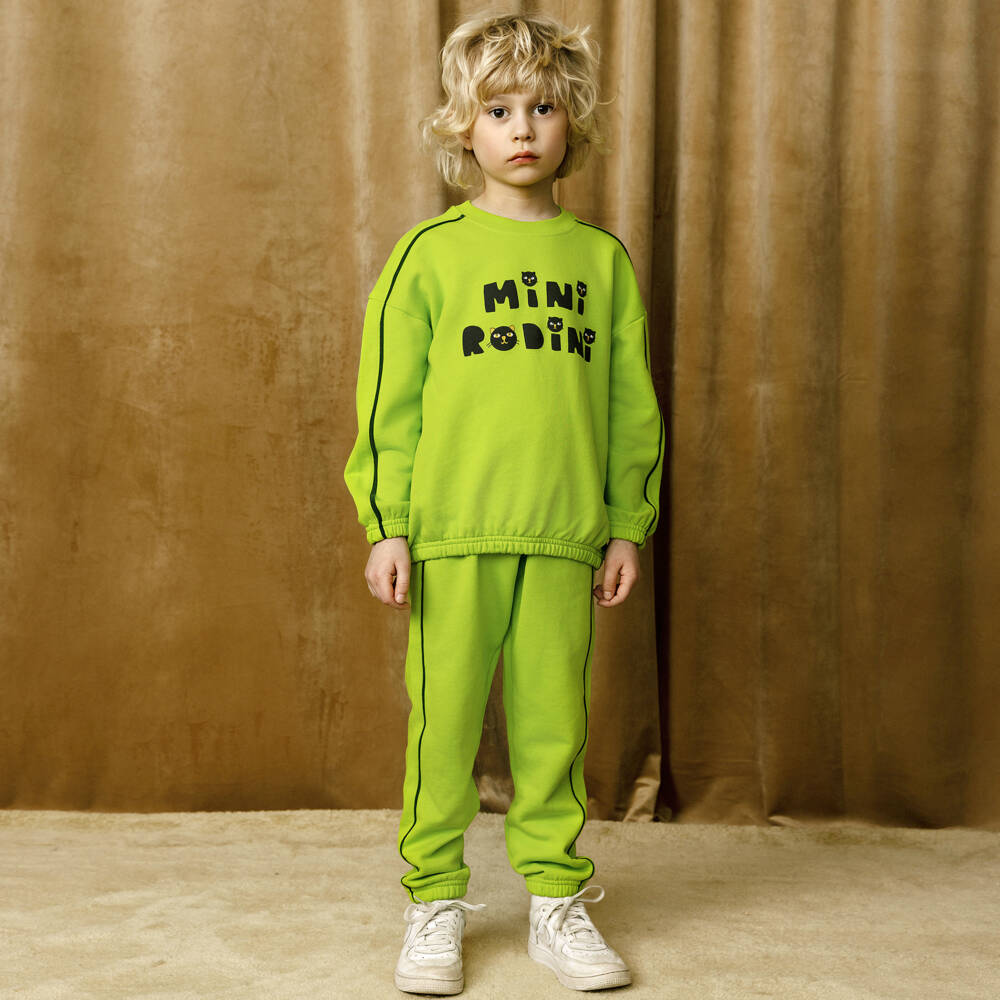 Mini Rodini-Брюки с принтом кота для девочек лаймового цвета | Childrensalon Outlet