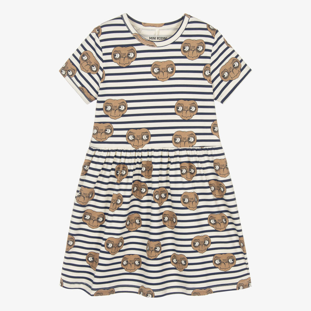 Mini Rodini-Girls Navy Blue & White Breton Stripe E.T. Print Dress | Childrensalon Outlet