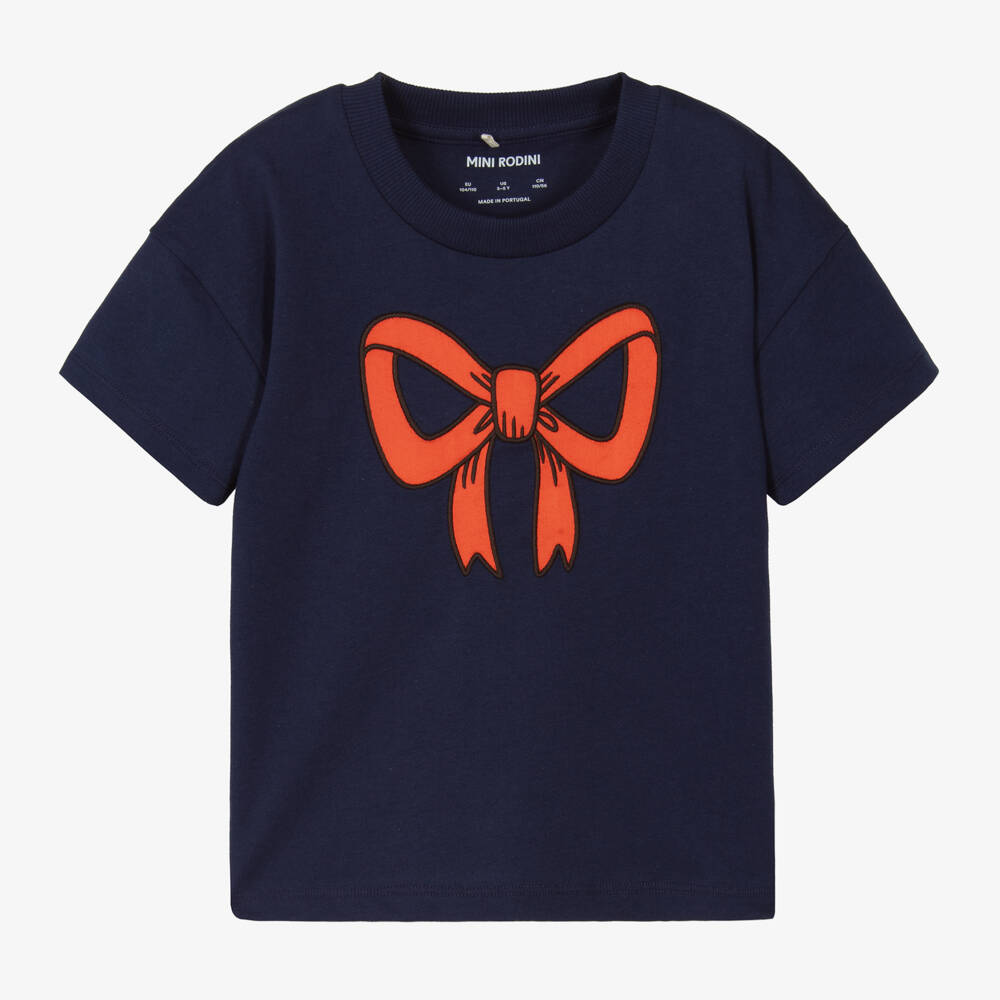 Mini Rodini-Girls Navy Organic Bow Tee | Childrensalon Outlet