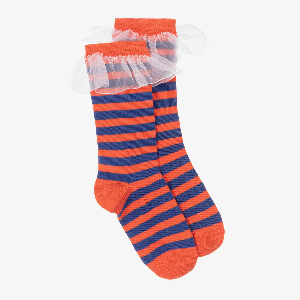 Mini Rodini-Girls Orange & Blue Striped Cotton Socks | Childrensalon Outlet