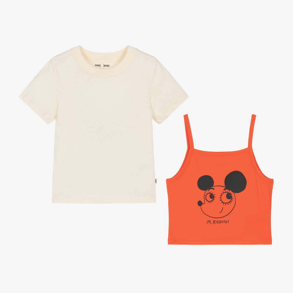 Mini Rodini-طقم تيشيرت قطن عضوي لون برتقالي وعاجي للبنات | Childrensalon Outlet