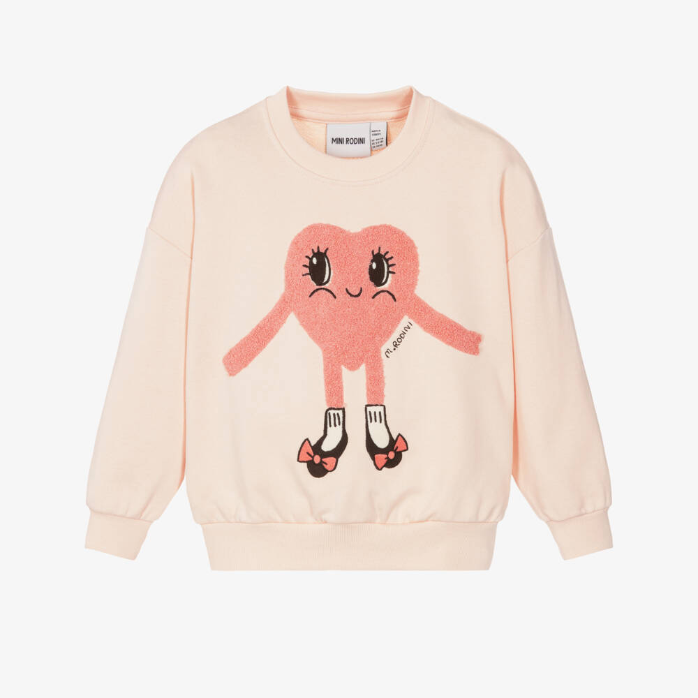 Mini Rodini-Girls Pale Pink Cotton Sweatshirt with Heart Motif | Childrensalon Outlet