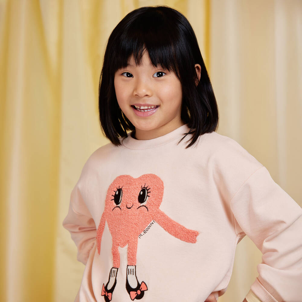 Mini Rodini-Girls Pale Pink Cotton Sweatshirt with Heart Motif | Childrensalon Outlet
