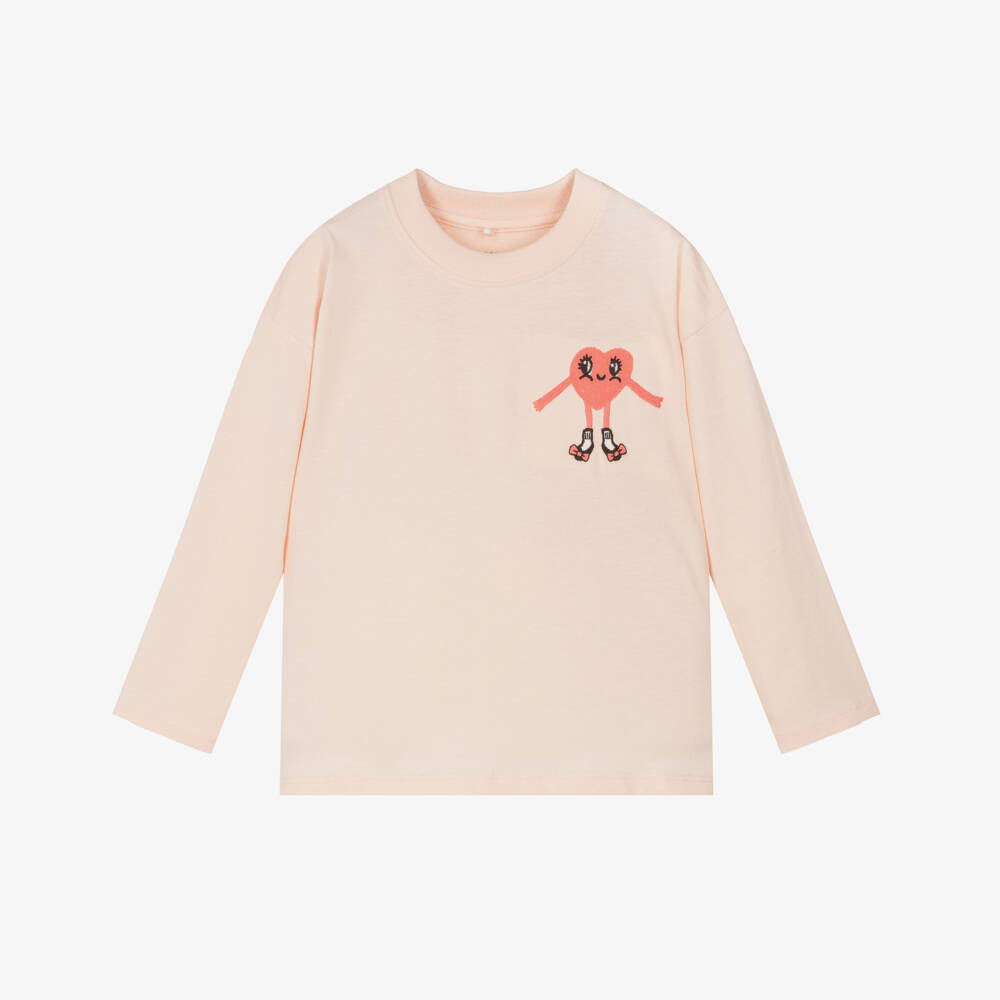 Mini Rodini-Girls Pale Pink Long-Sleeve Embroidered Heart Top | Childrensalon Outlet