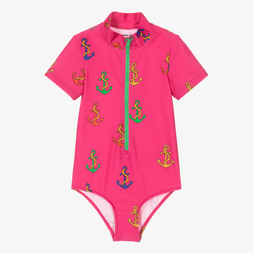Mini Rodini - Girls Pink Anchor Swimsuit (UPF 50+) | Childrensalon