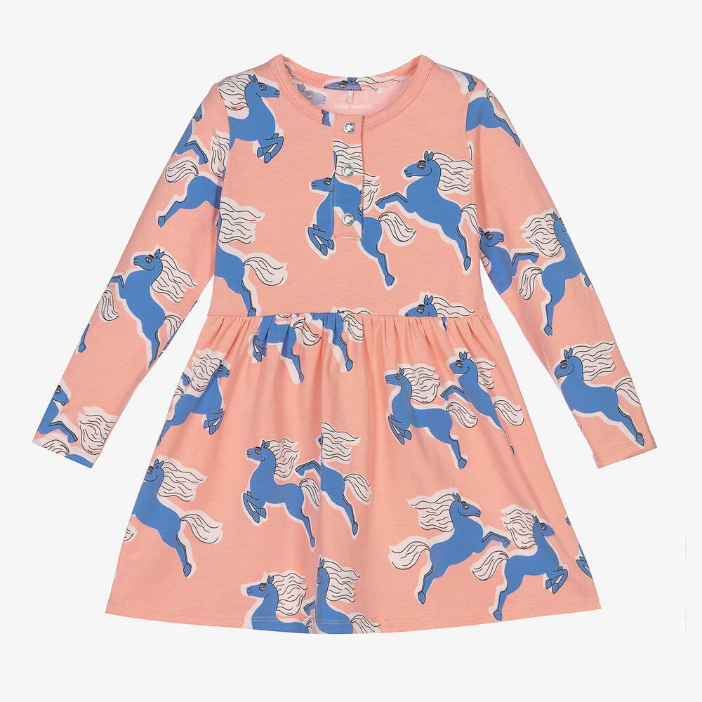 Mini Rodini - Розовое платье с голубыми лошадьми для девочек | Childrensalon