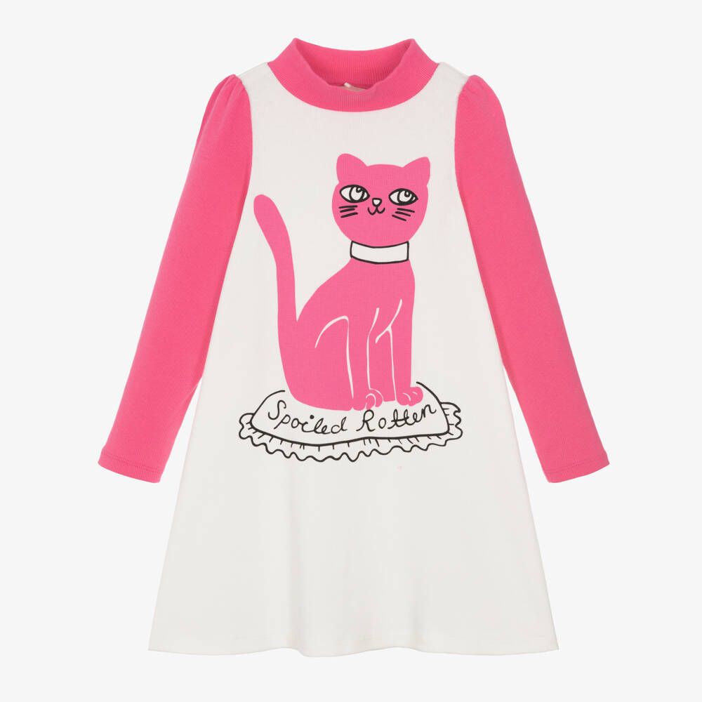 Mini Rodini-فستان بطبعة قطة قطن عضوي لون أبيض | Childrensalon Outlet