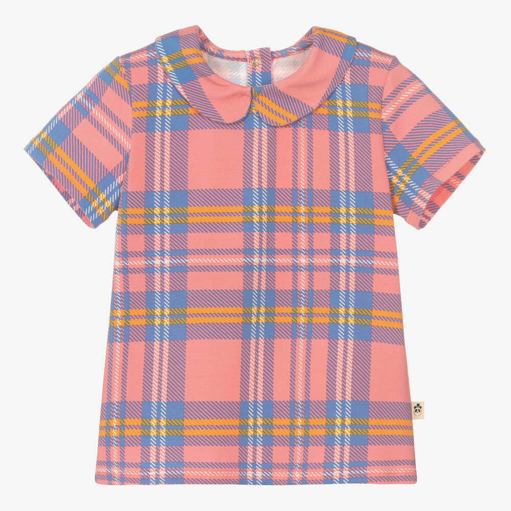Mini Rodini - Girls Pink Check Collar T-Shirt | Childrensalon