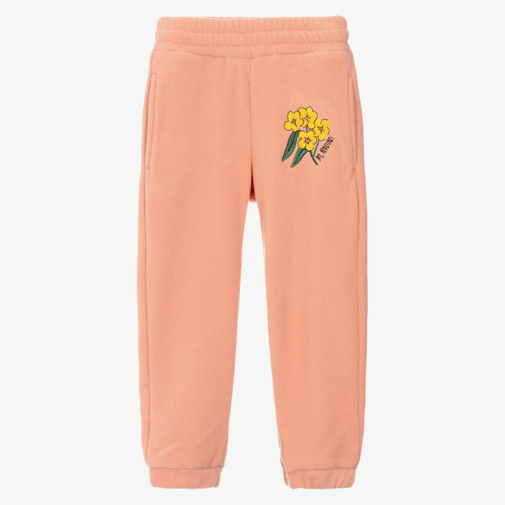 Mini Rodini-Girls Pink Fleece Joggers with Flower Motif | Childrensalon Outlet