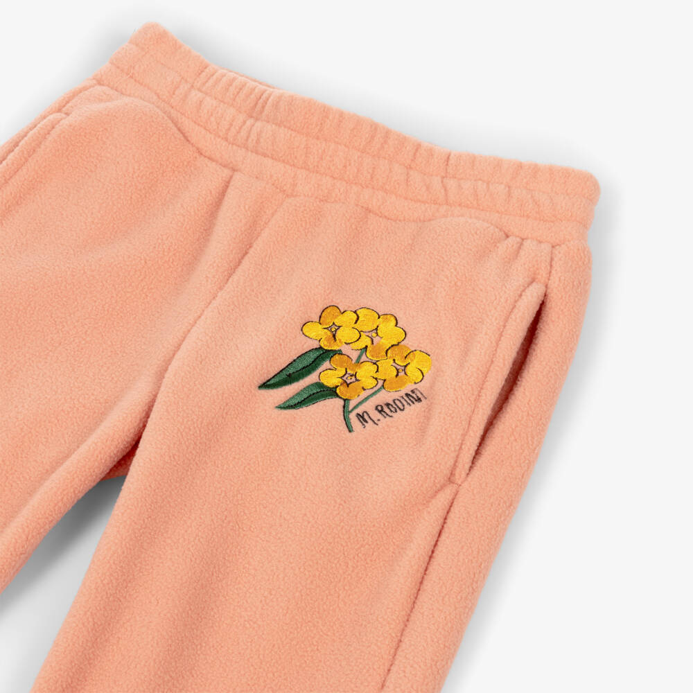 Mini Rodini-Girls Pink Fleece Joggers with Flower Motif | Childrensalon Outlet