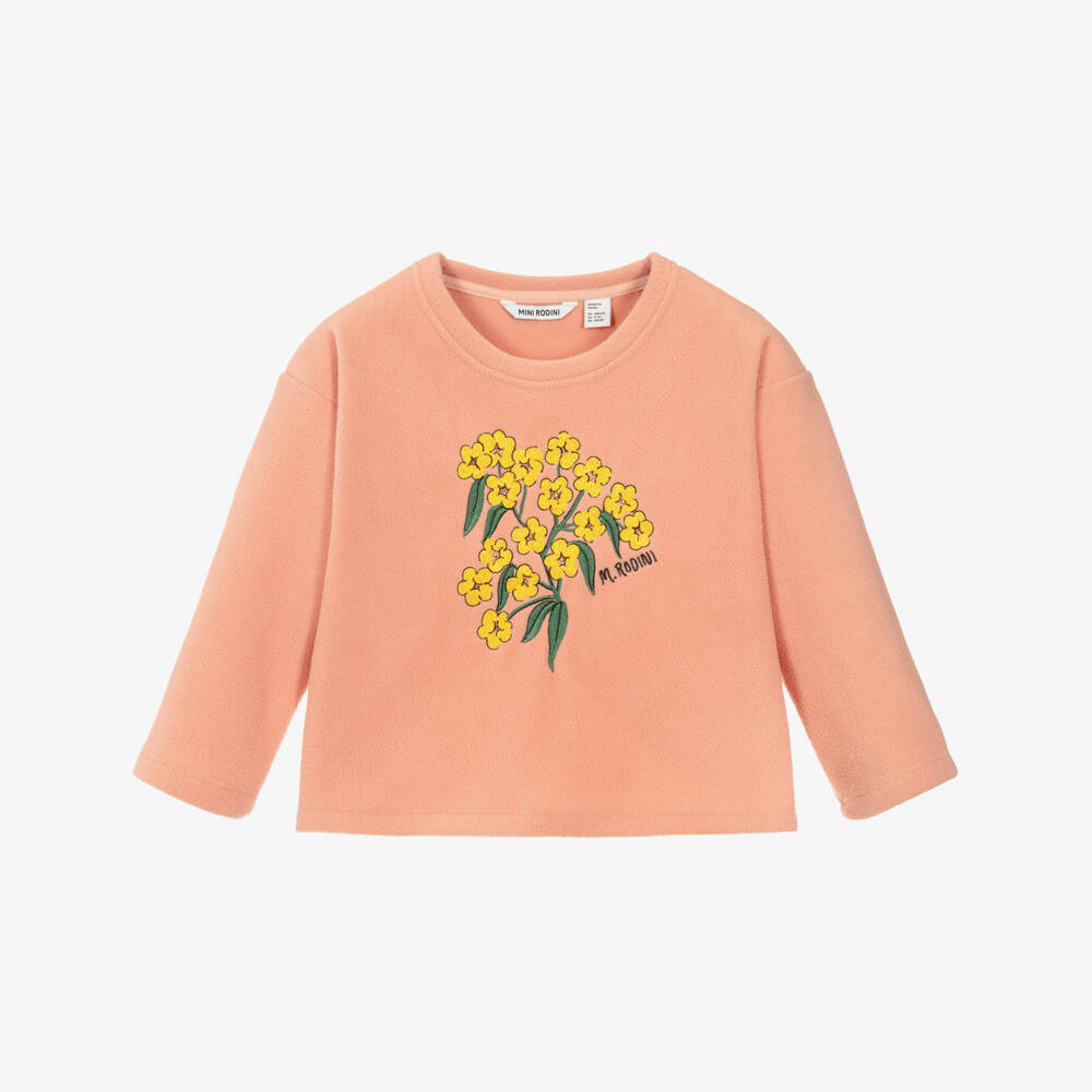 Mini Rodini-Girls Pink Fleece Top with Flower Motif | Childrensalon Outlet