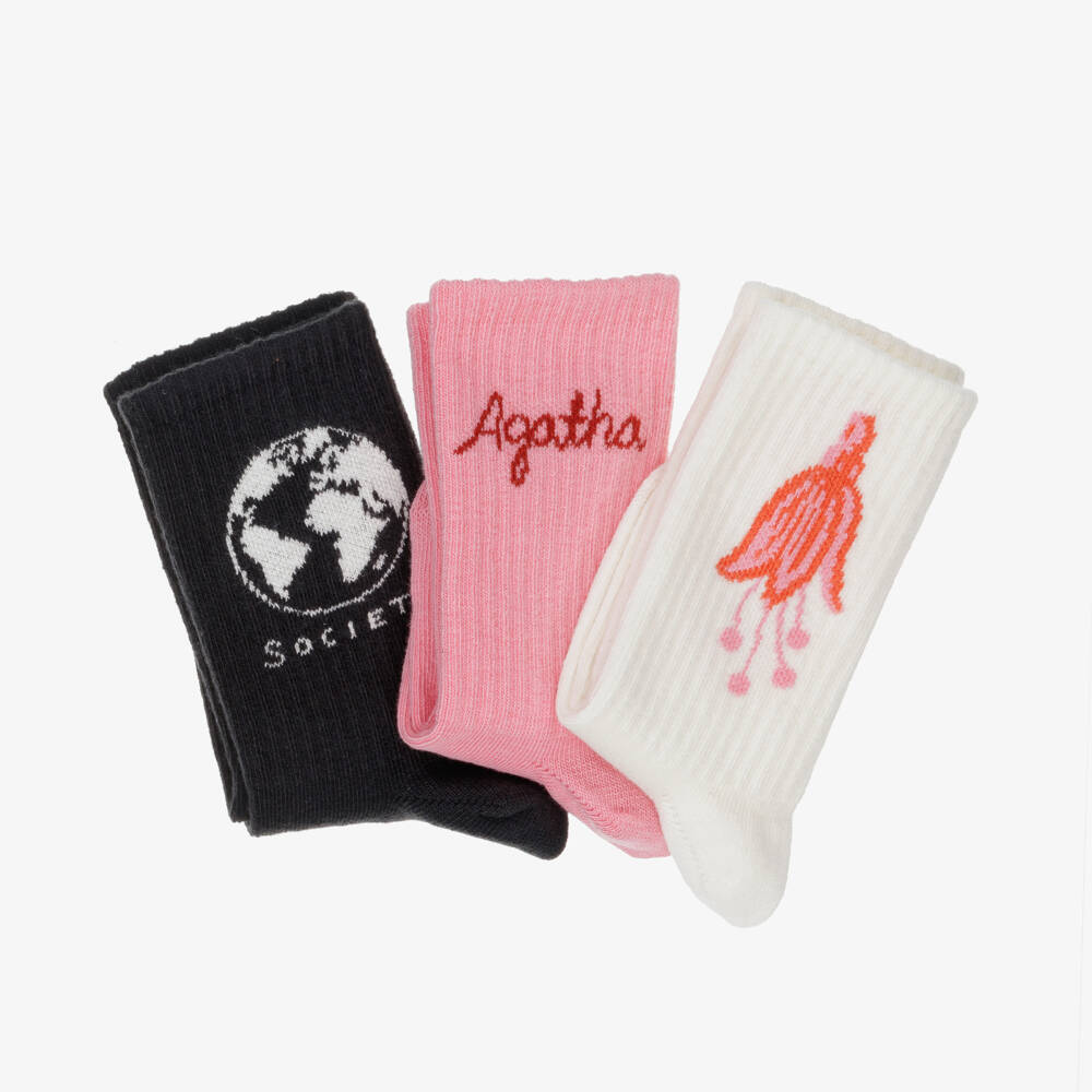Mini Rodini-Girls Pink & Ivory Sock Trio | Childrensalon Outlet