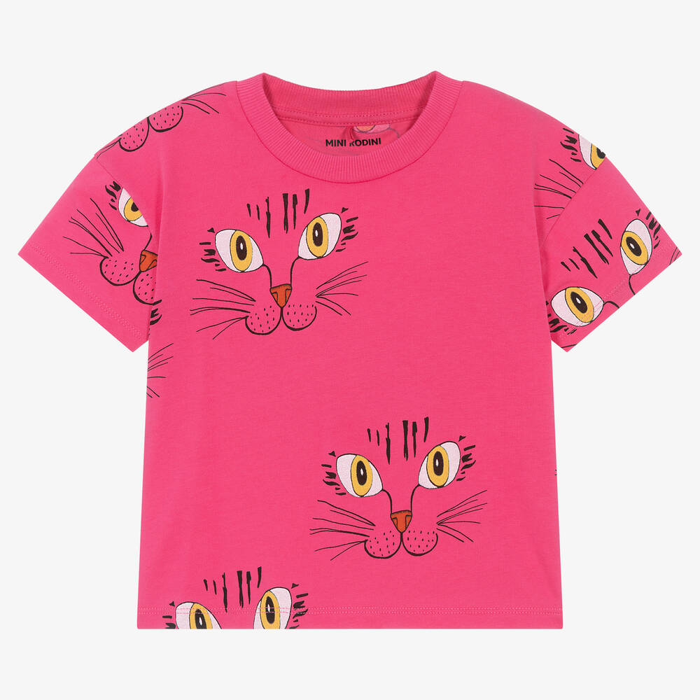 Mini Rodini - Girls Pink Organic Cotton Cat T-Shirt | Childrensalon