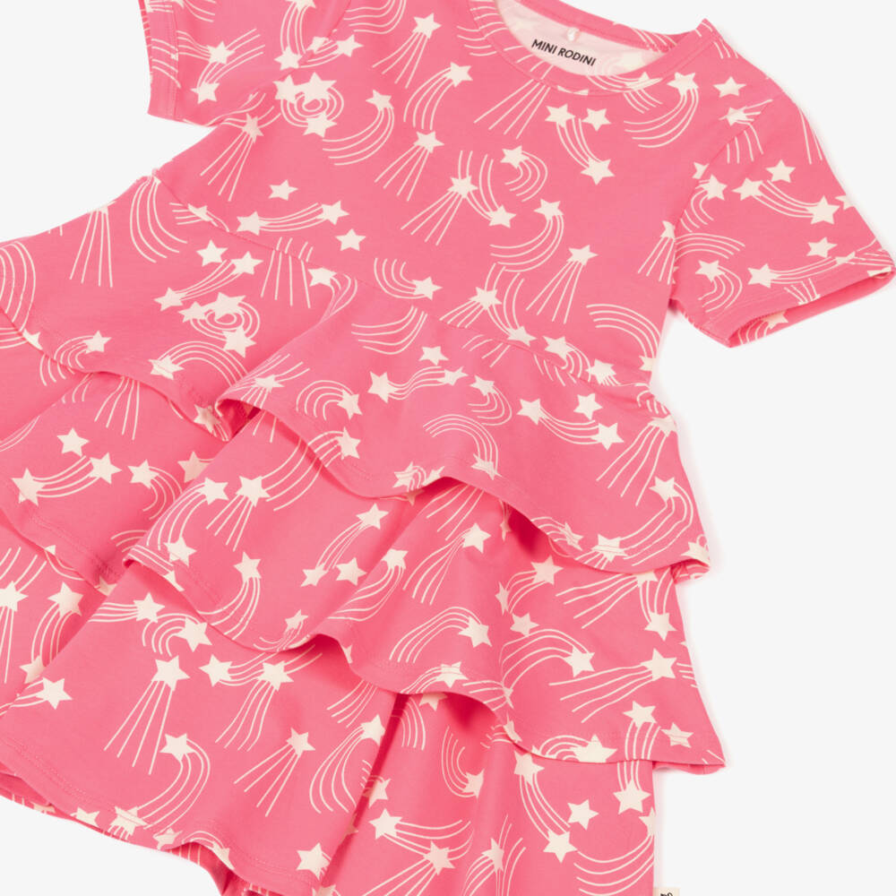 Mini Rodini-Girls Pink Organic Cotton Dress with Ivory Star Print | Childrensalon Outlet