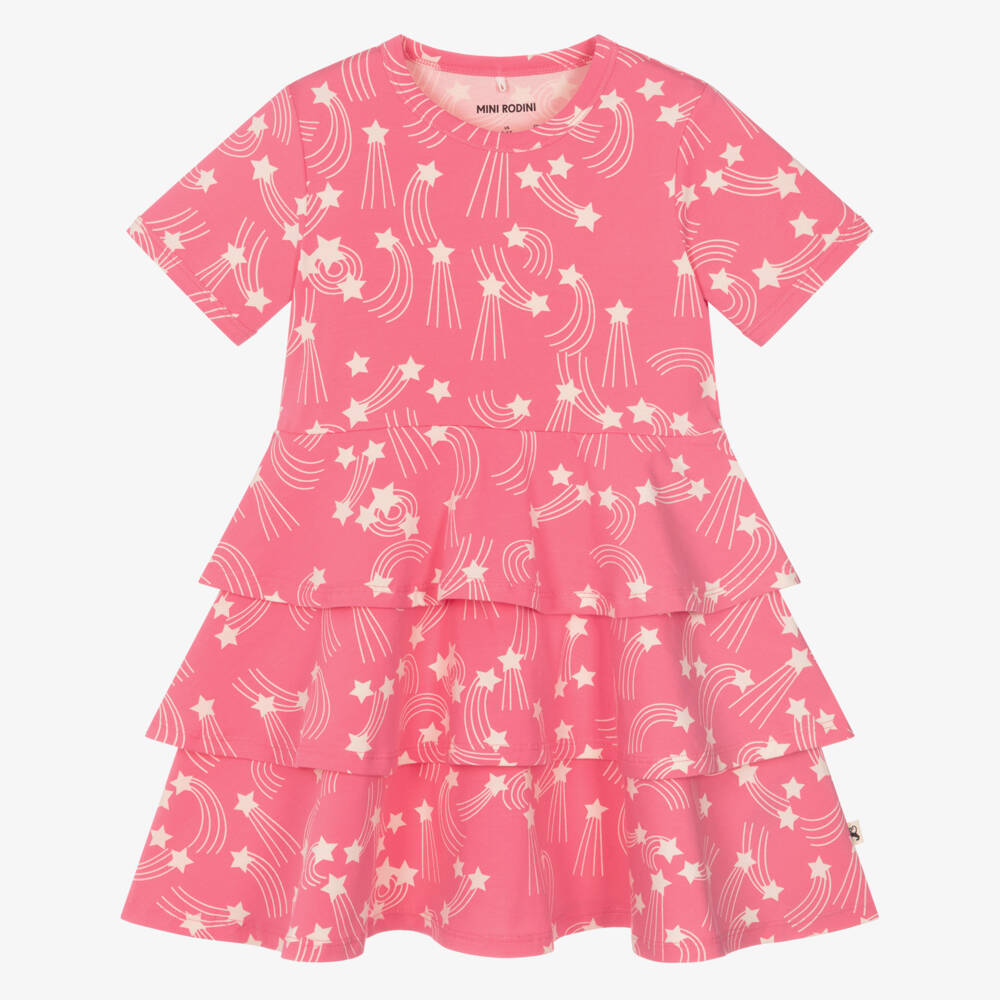 Mini Rodini-Girls Pink Organic Cotton Dress with Ivory Star Print | Childrensalon Outlet