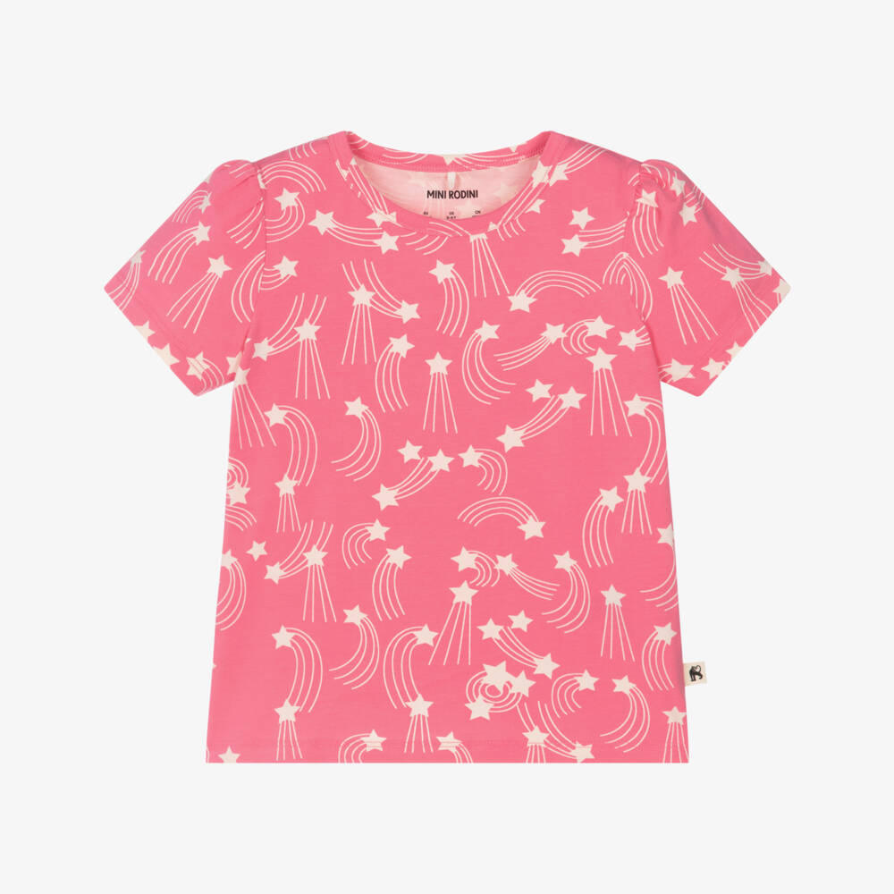 Mini Rodini-Girls Pink Organic Cotton T-Shirt with Ivory Star Print | Childrensalon Outlet