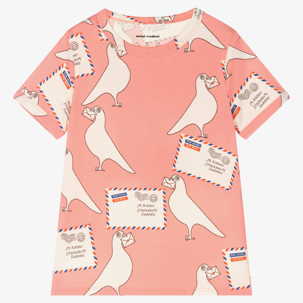 Mini Rodini - Rosa T-Shirt mit Tauben für Mädchen | Childrensalon
