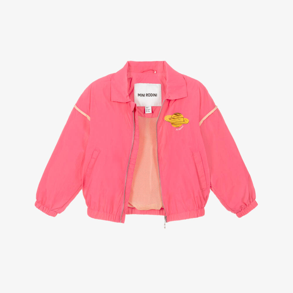 Mini Rodini-Girls Pink Windbreaker Jacket with Planet Logo Patch | Childrensalon Outlet