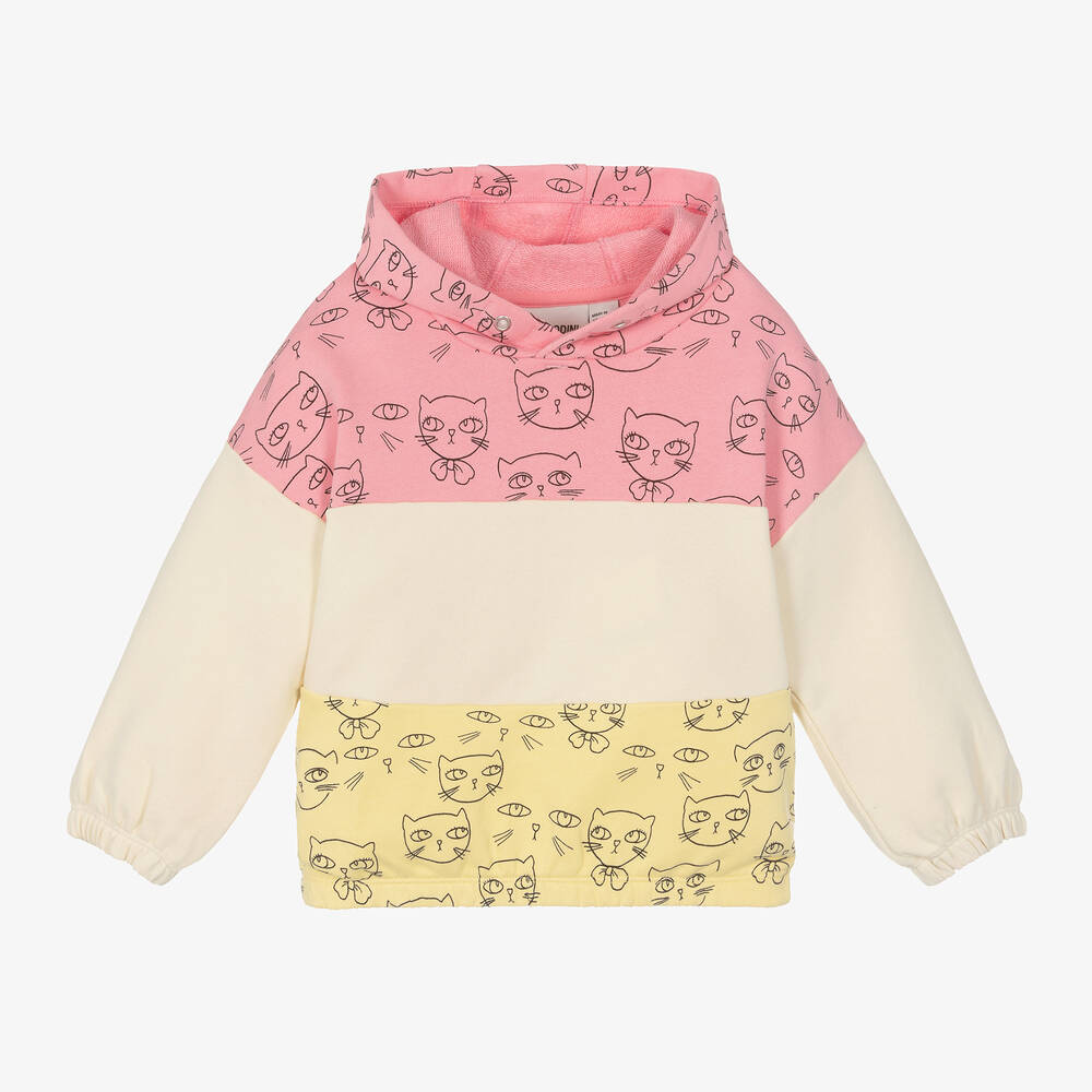 Girls Pink Yellow Cotton Cat Hoodie