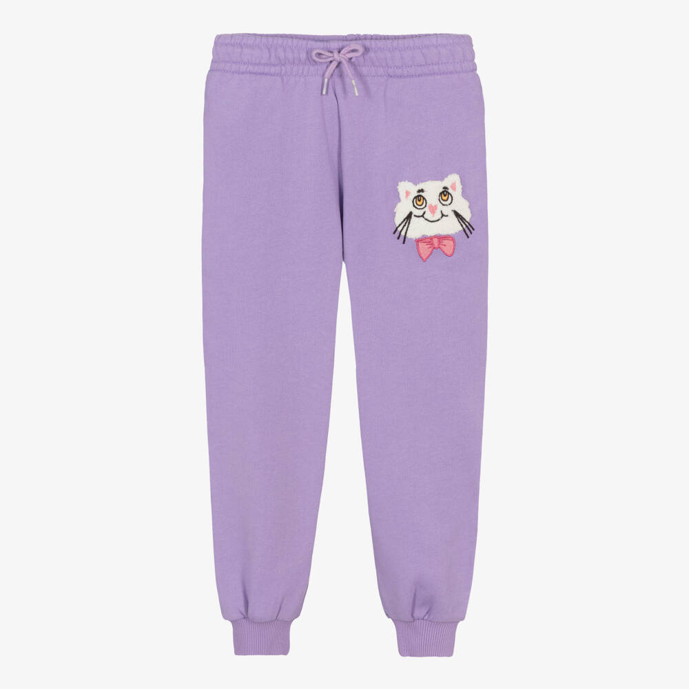 Mini Rodini-Girls Purple Cotton Joggers with Cat Motif | Childrensalon Outlet