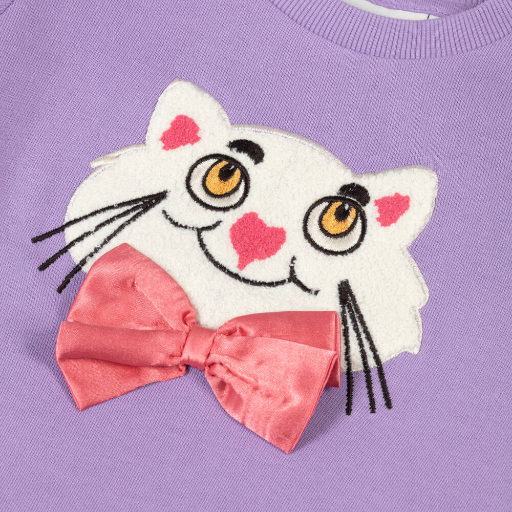 Mini Rodini-Girls Purple Cotton Sweatshirt Dress with Cat Motif | Childrensalon Outlet