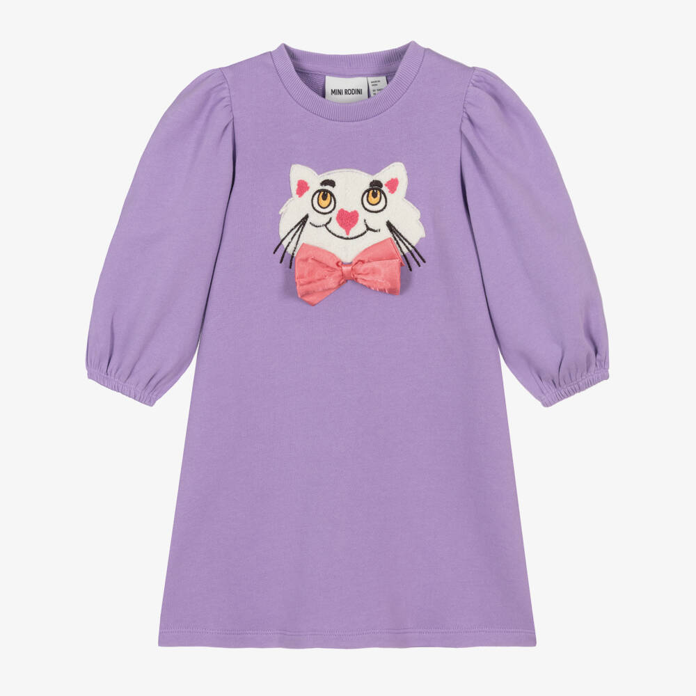 Mini Rodini-Girls Purple Cotton Sweatshirt Dress with Cat Motif | Childrensalon Outlet