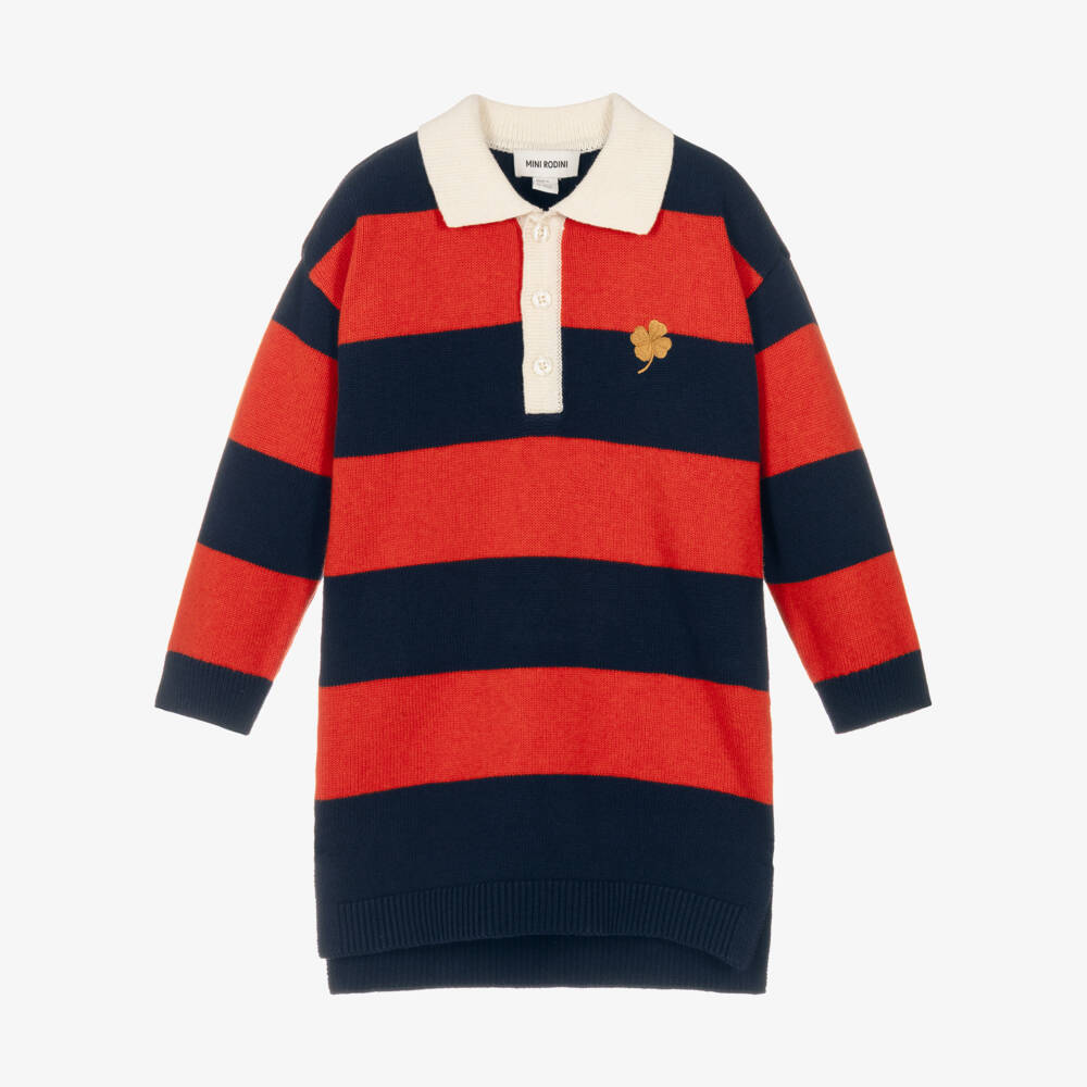 Mini Rodini-Girls Red & Blue Cotton & Wool Knit Rugby Shirt Style Dress | Childrensalon Outlet