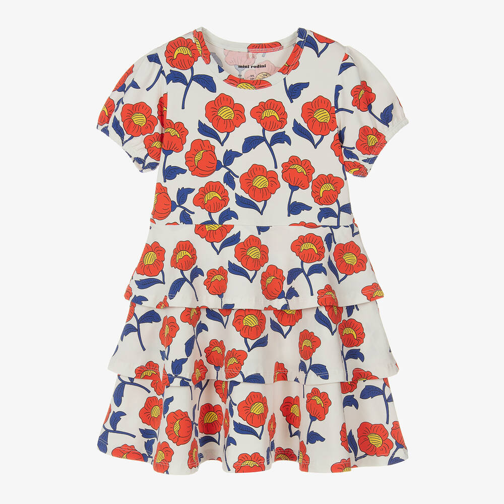 Mini Rodini-فستان قطن عضوي جيرسي لون عاجي بطبعة ورود | Childrensalon Outlet