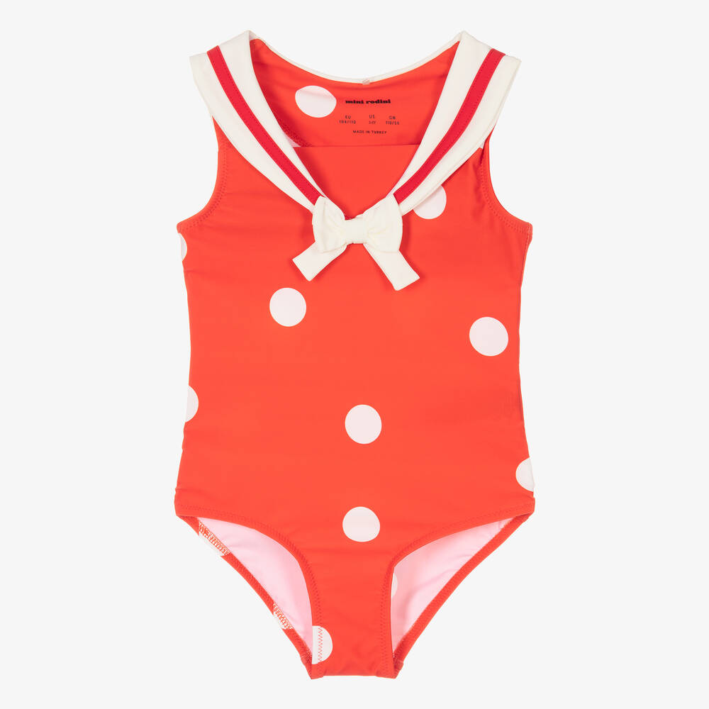 Mini Rodini - Girls Red Polka Dot Sailor Swimsuit (UPF 50+) | Childrensalon