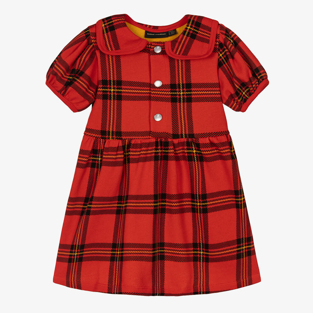 Mini Rodini - Girls Red Tartan Cotton Jersey Dress | Childrensalon