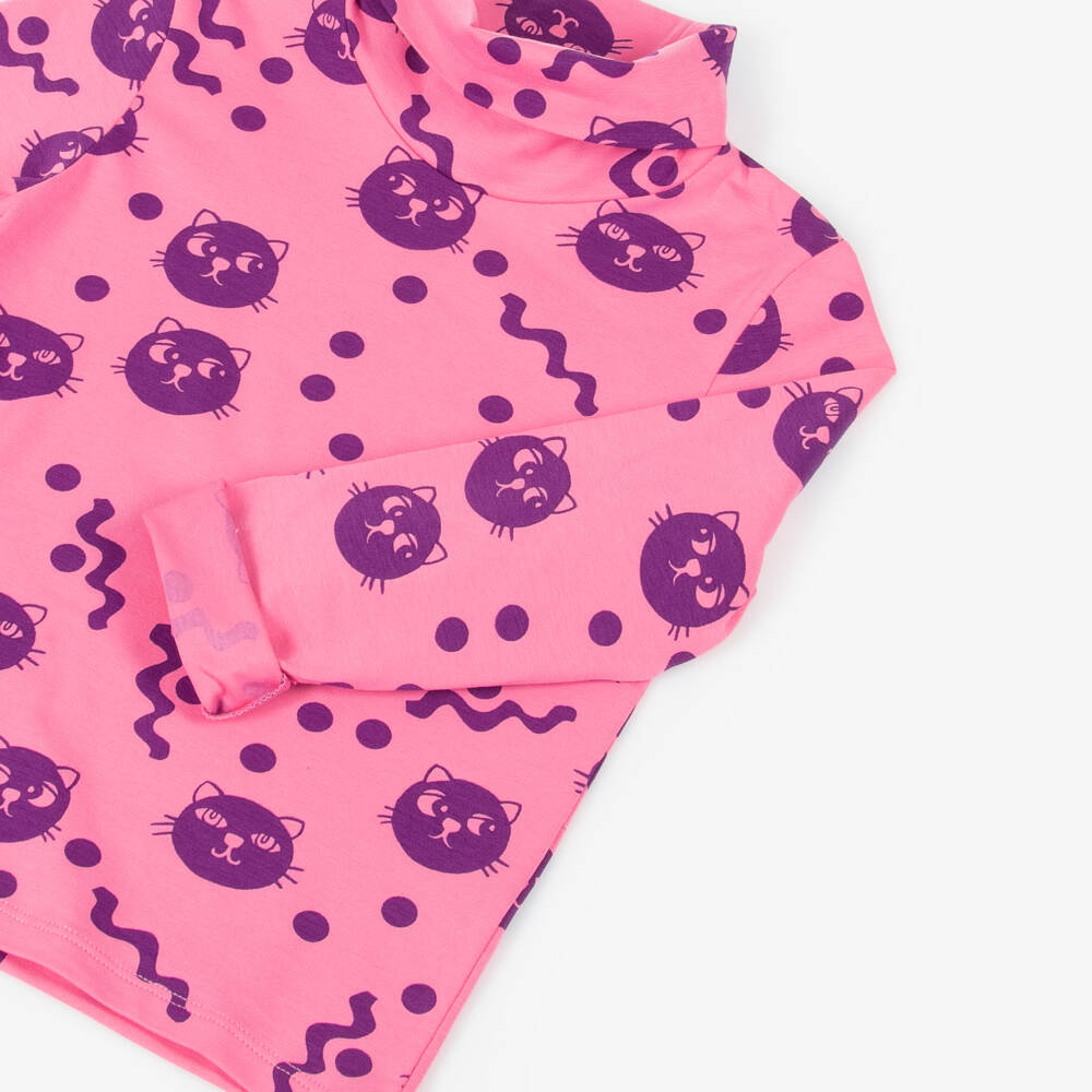 Mini Rodini-Girls Soft Pink Cat Print Turtleneck | Childrensalon Outlet