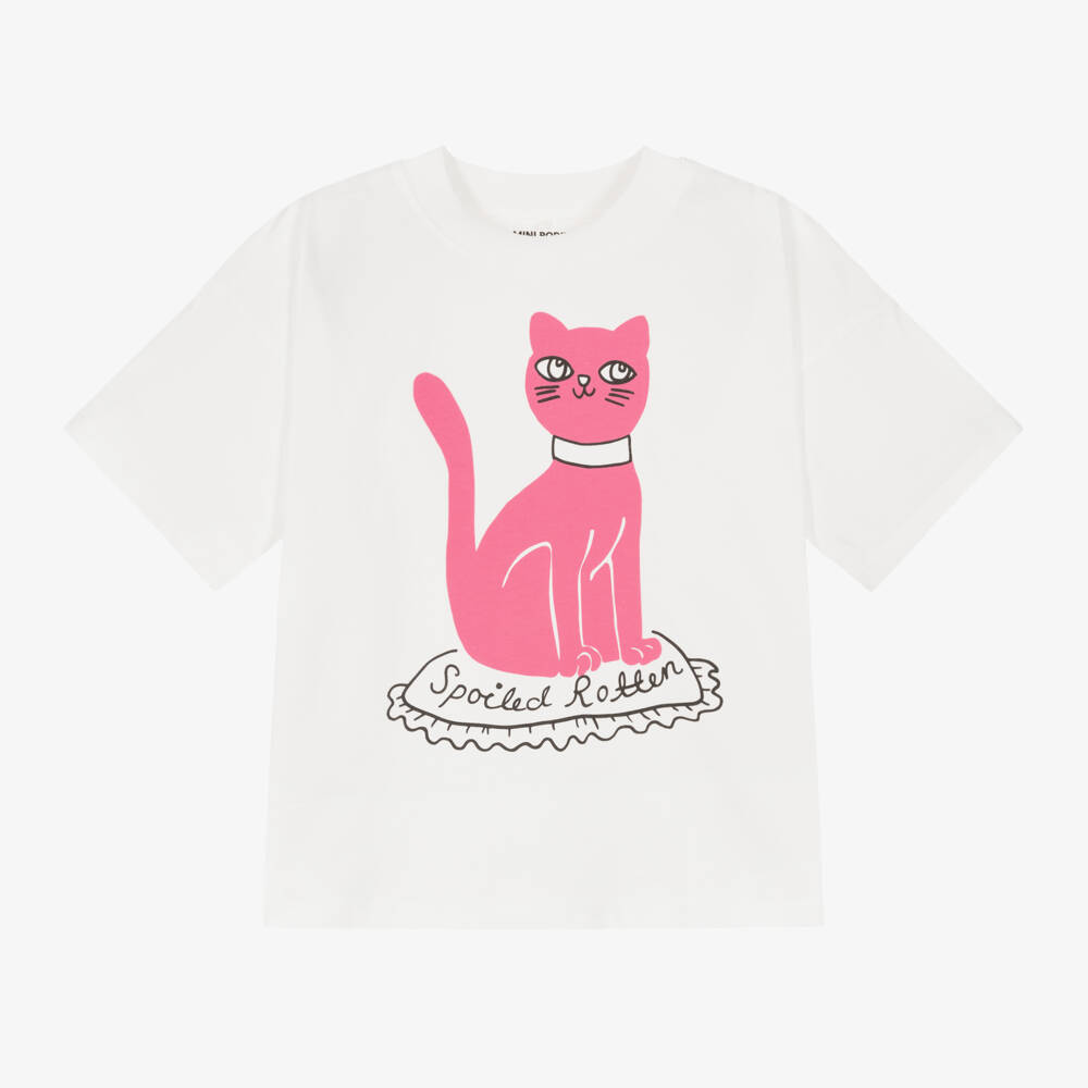 Mini Rodini-Girls White Cat Graphic Tee | Childrensalon Outlet