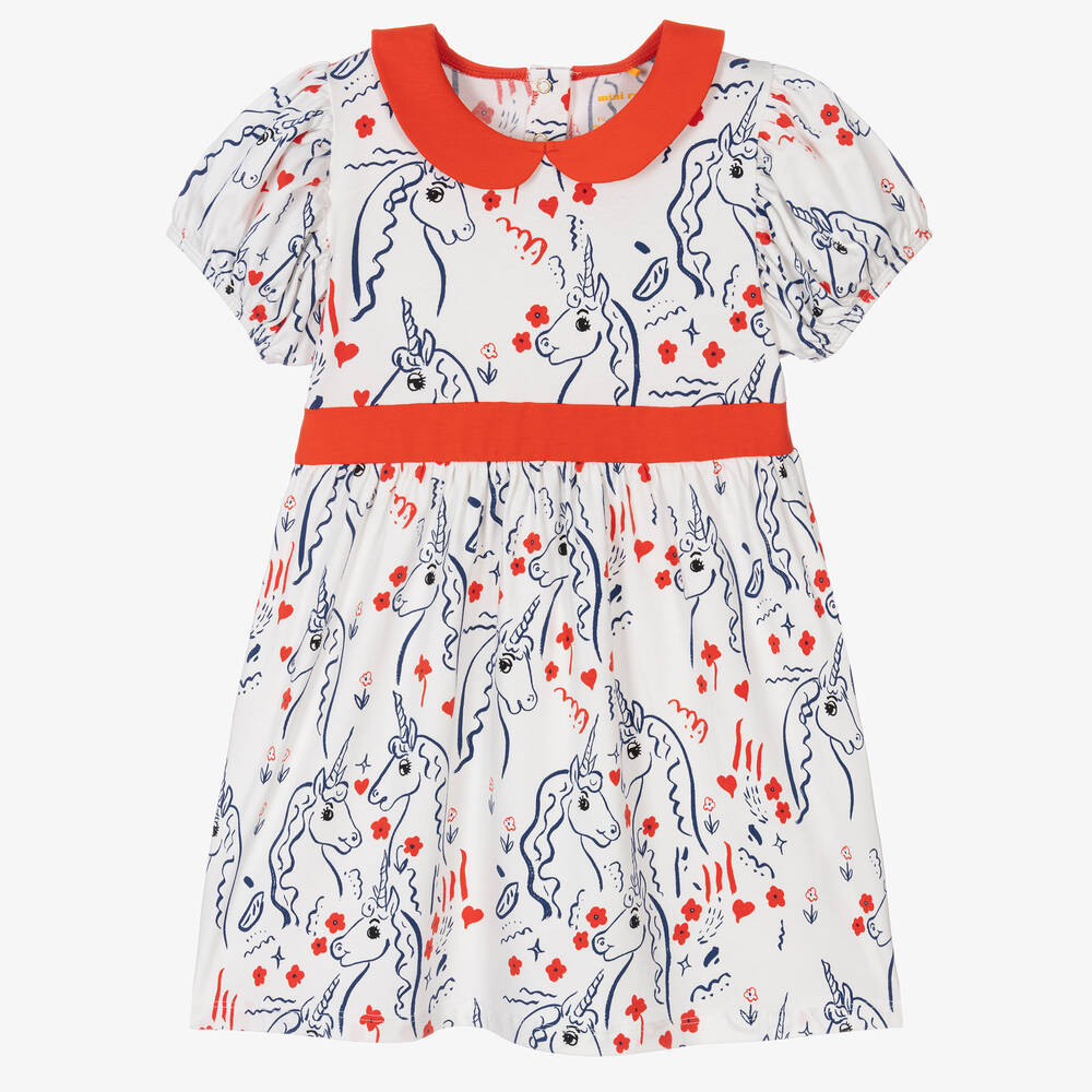 Mini Rodini - Girls White Cotton Jersey Unicorn Dress | Childrensalon