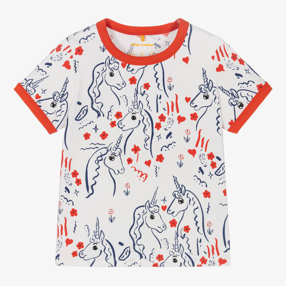 Mini Rodini - Weißes Baumwoll-Einhorn-T-Shirt (M) | Childrensalon