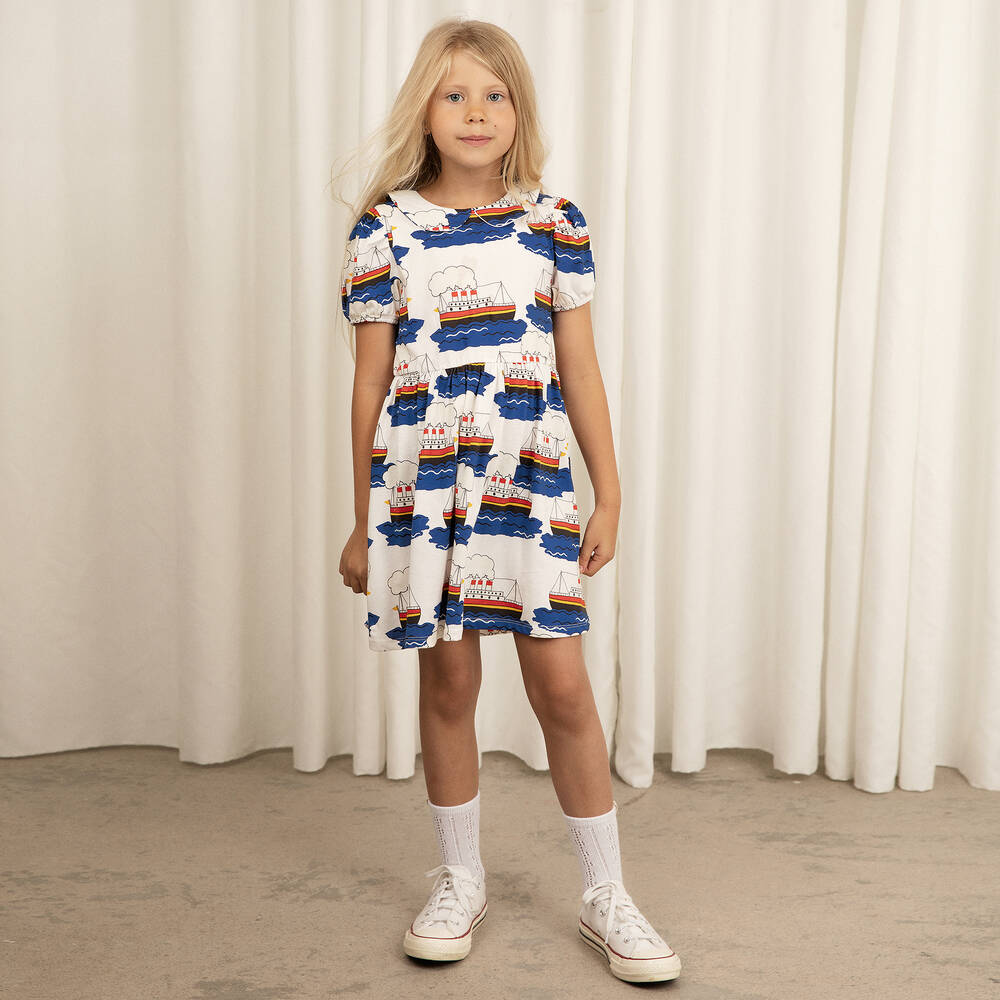 Mini Rodini-Girls White Ferry Organic Cotton Dress | Childrensalon Outlet