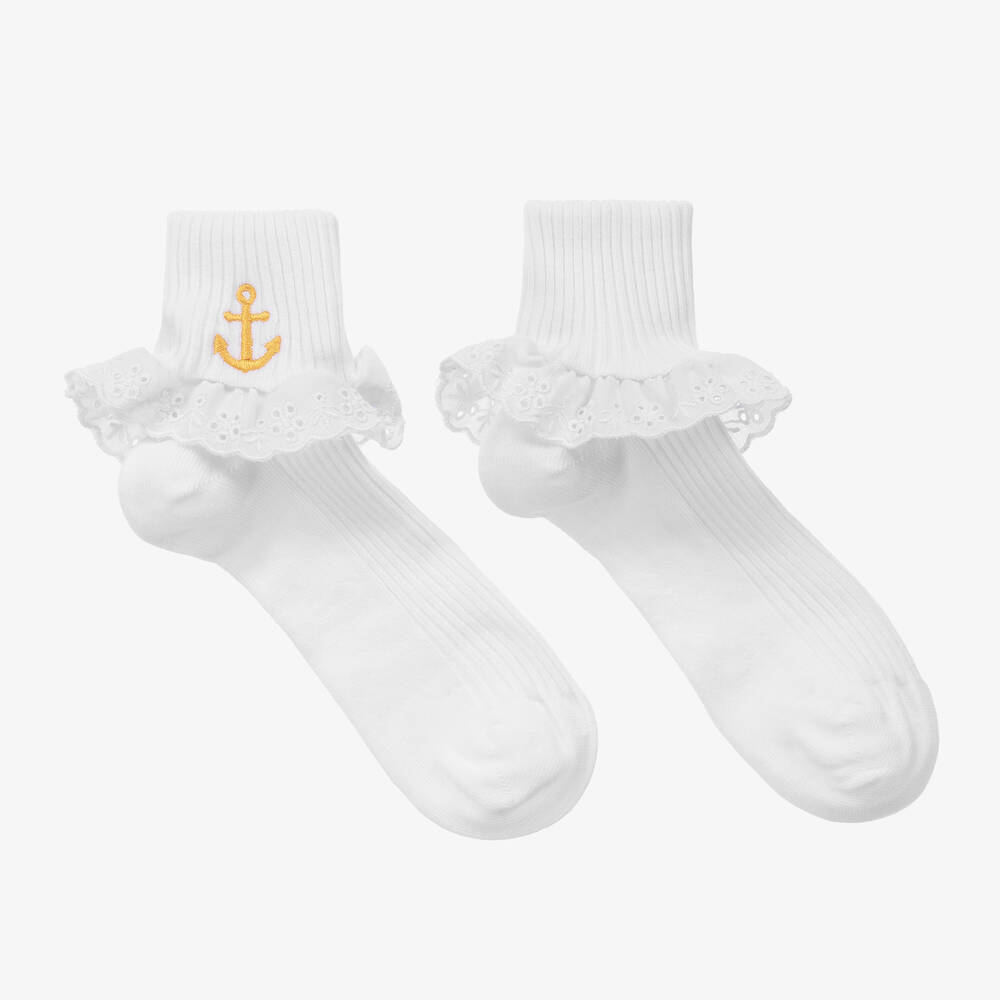Mini Rodini - Girls White Organic Cotton Anchor Lace Socks | Childrensalon