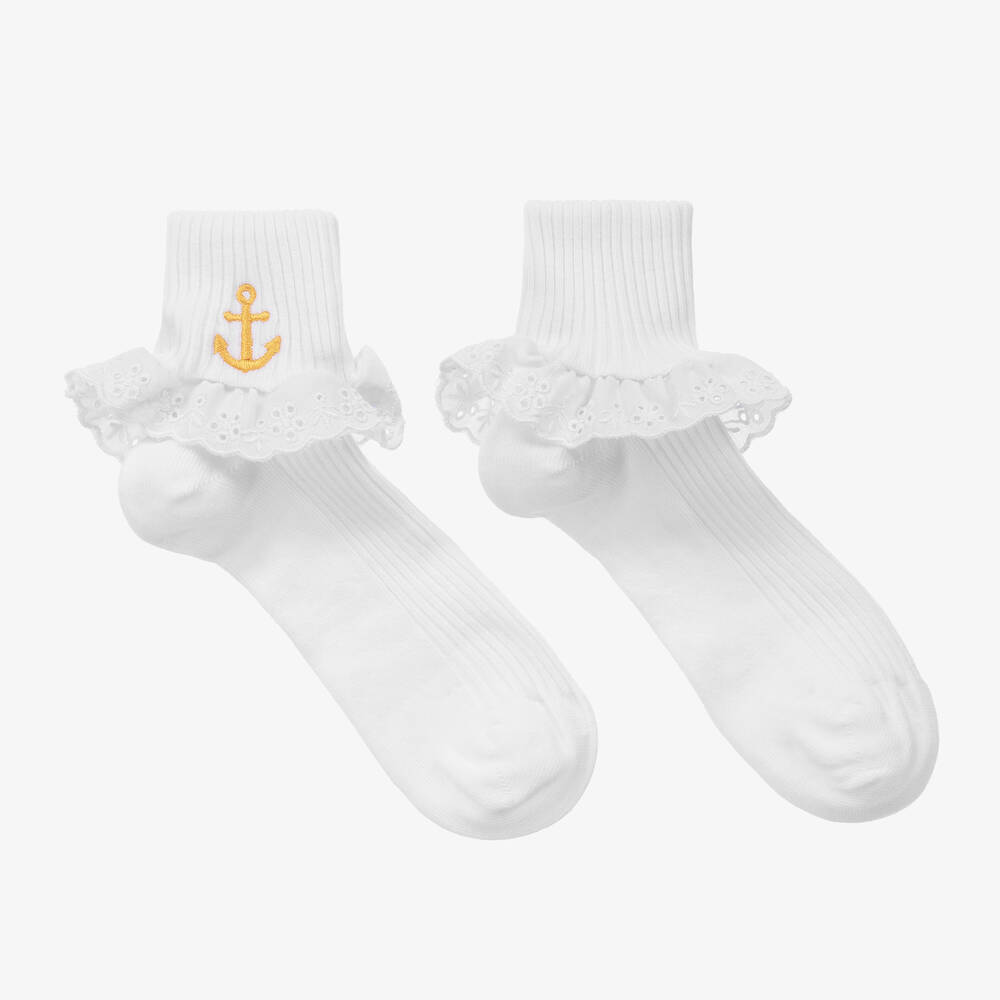Mini Rodini-Белые носки из органического хлопка с кружевом и якорем | Childrensalon Outlet