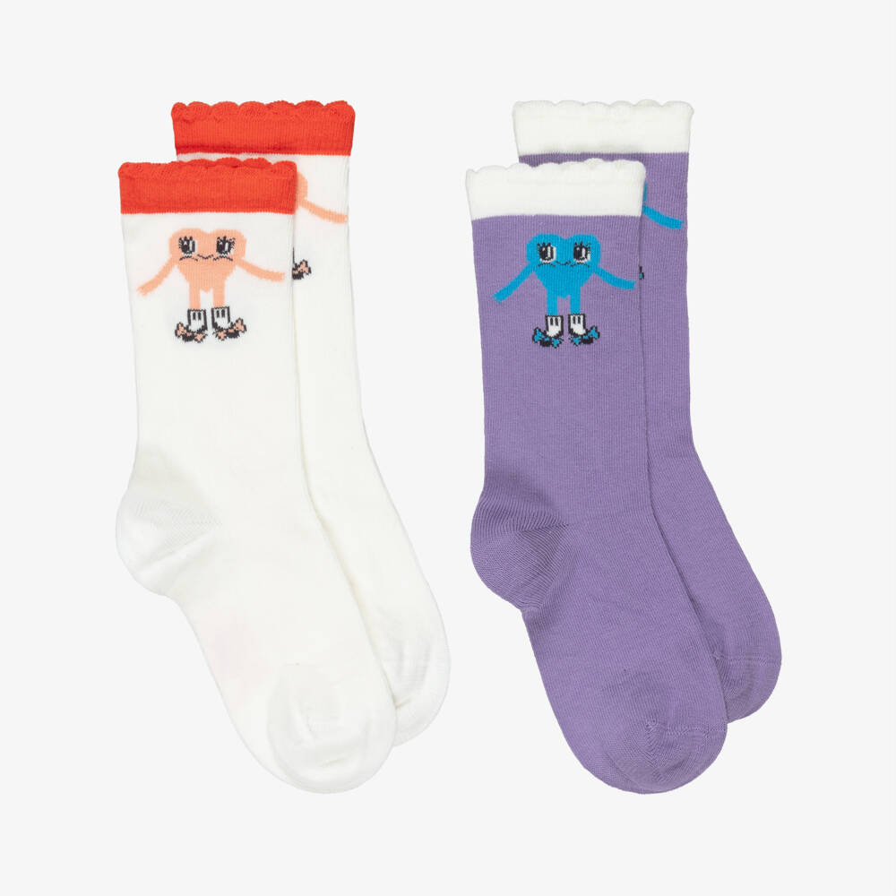 Mini Rodini-Girls White & Purple Knitted Heart Motif Socks | Childrensalon Outlet