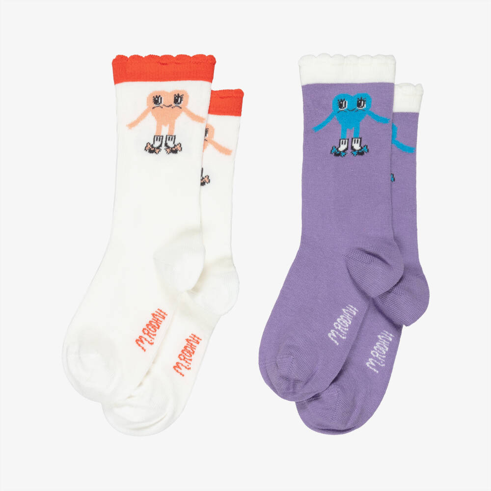 Mini Rodini-Girls White & Purple Knitted Heart Motif Socks | Childrensalon Outlet
