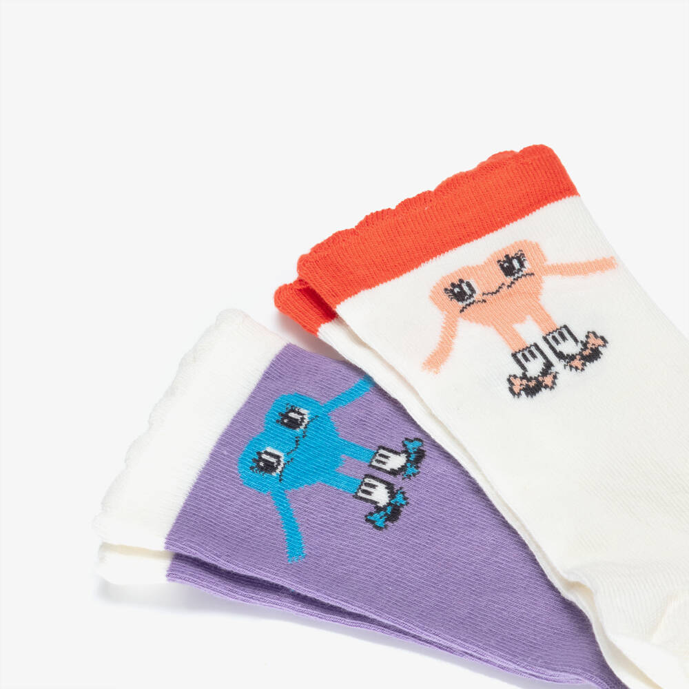 Mini Rodini-Girls White & Purple Knitted Heart Motif Socks | Childrensalon Outlet