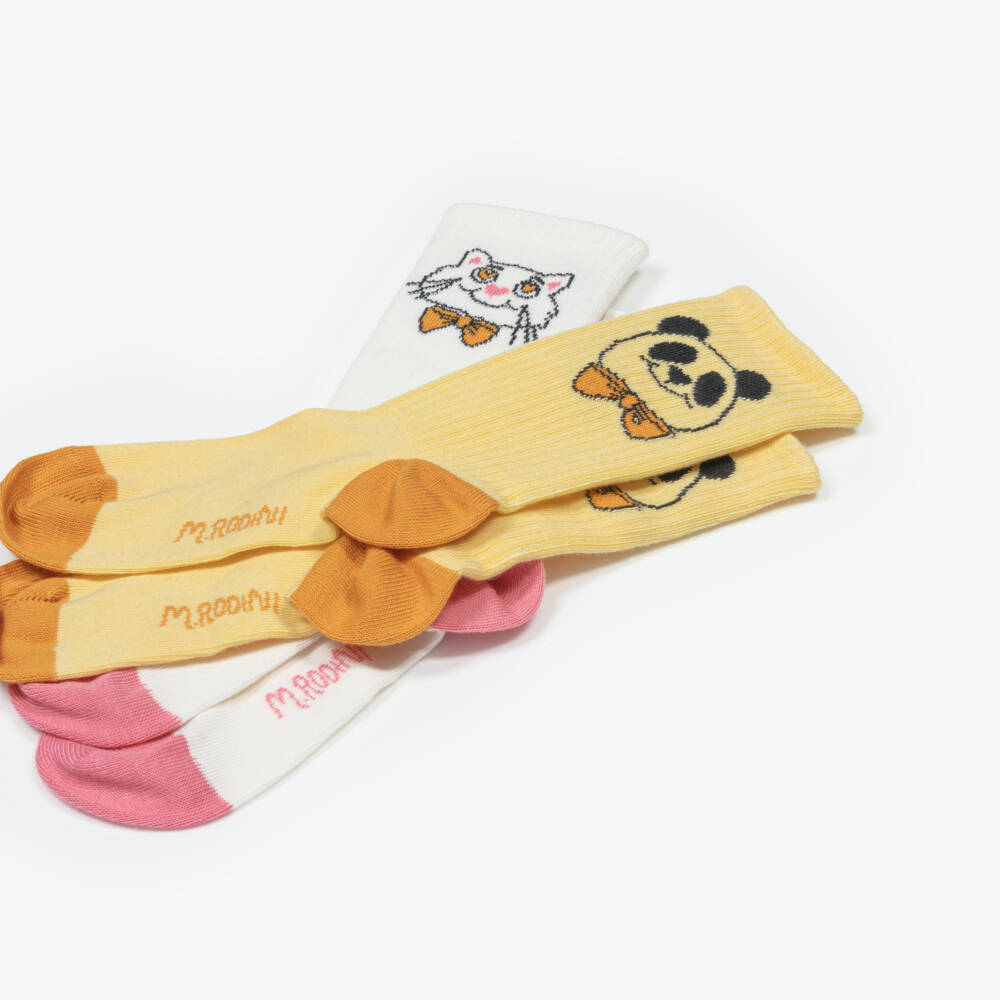 Mini Rodini-Girls White & Yellow Cotton Animal Socks (2 Pack) | Childrensalon Outlet