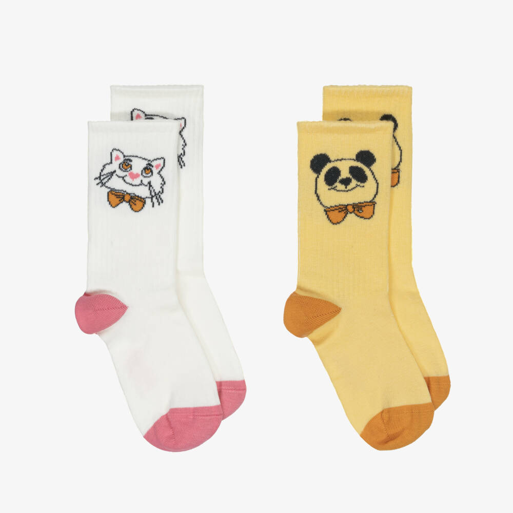 Mini Rodini-Girls White & Yellow Cotton Animal Socks (2 Pack) | Childrensalon Outlet