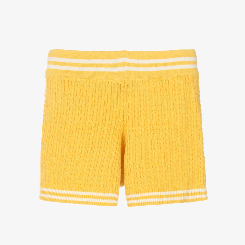 Mini Rodini-Girls Yellow Cable Knit Cotton Shorts | Childrensalon Outlet