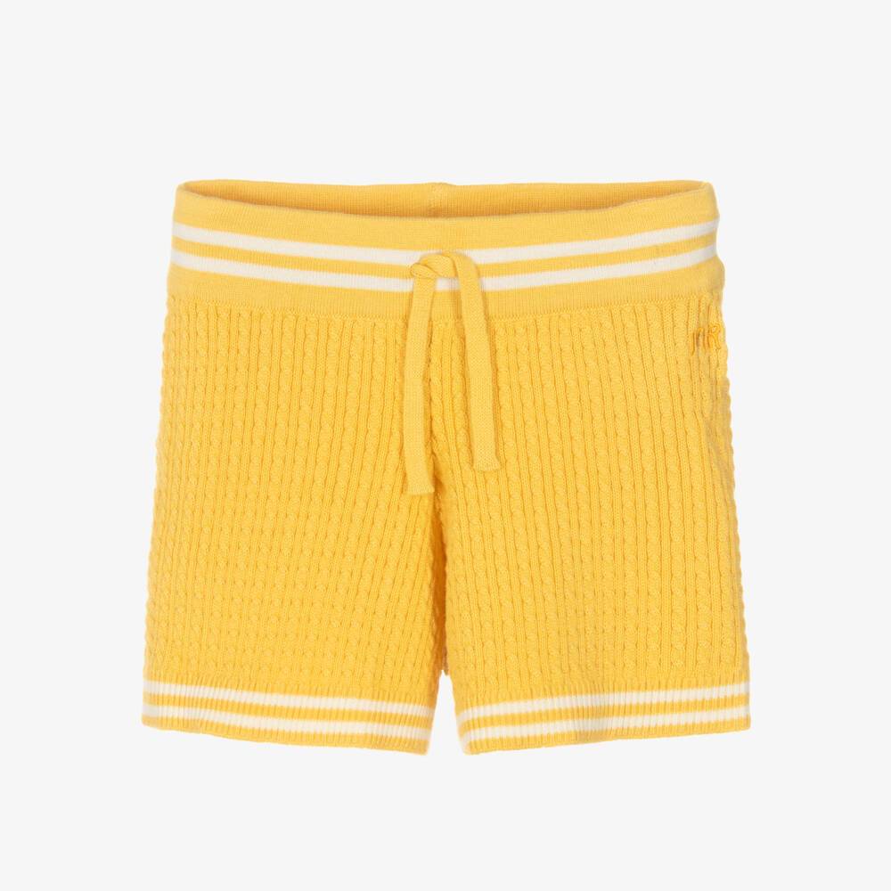 Mini Rodini-Girls Yellow Cable Knit Cotton Shorts | Childrensalon Outlet