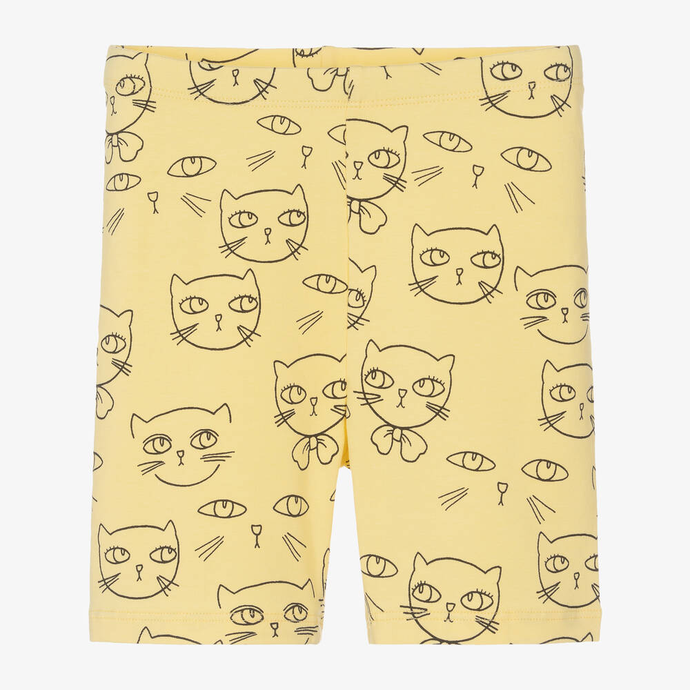Mini Rodini-Girls Yellow Cotton Cats Cycling Shorts | Childrensalon Outlet