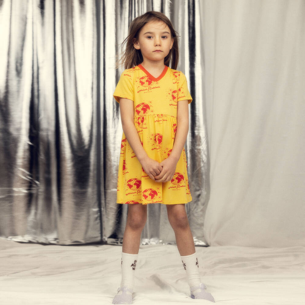 Mini Rodini-Girls Yellow Dress with Red Society Print | Childrensalon Outlet