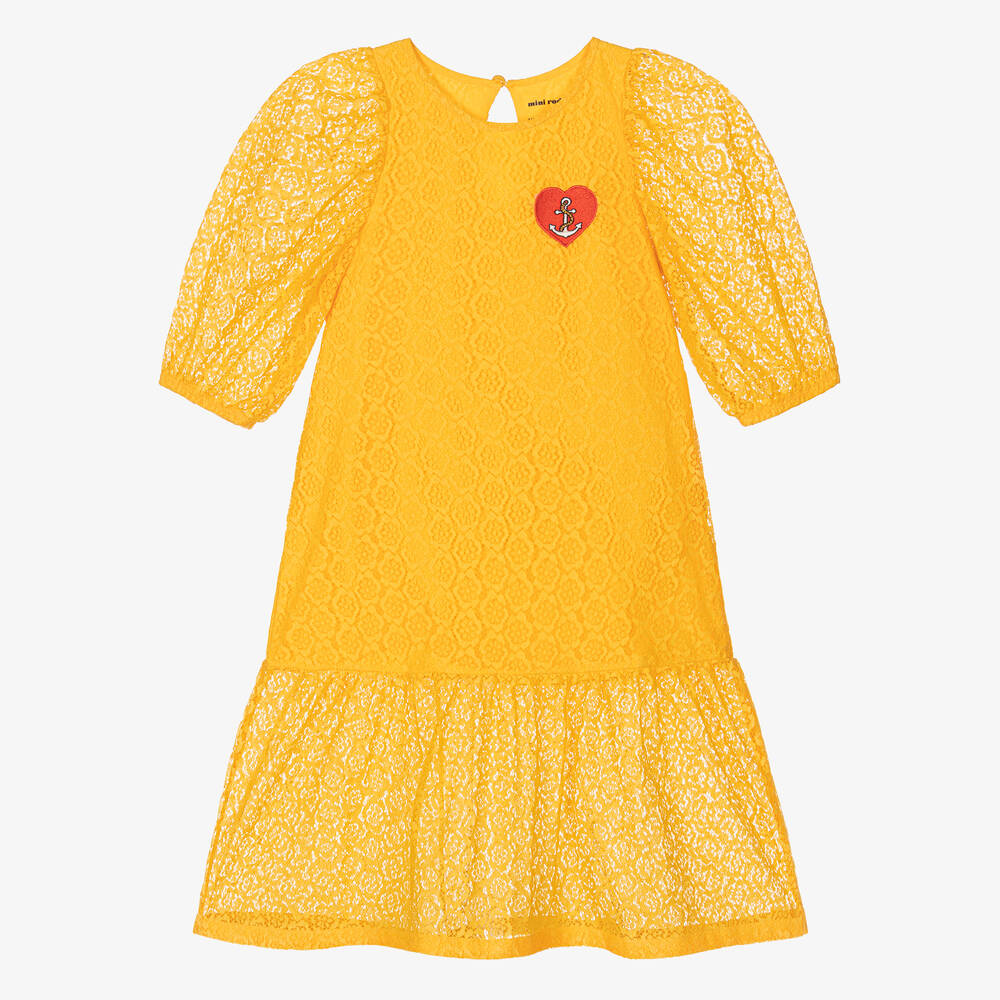 Mini Rodini - Girls Yellow Floral Lace Heart Dress  | Childrensalon